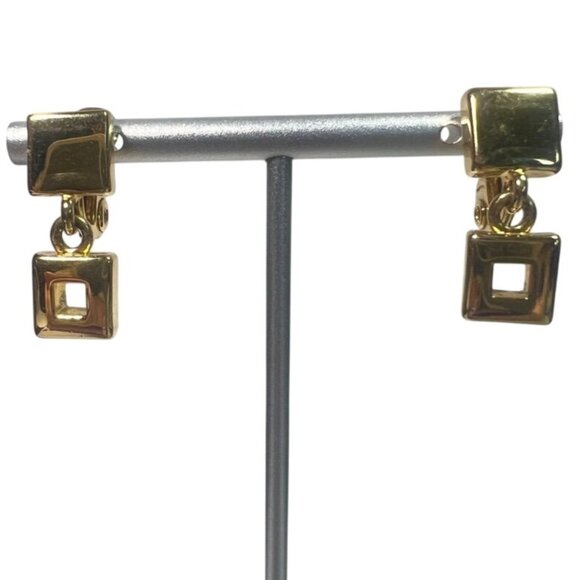 Vtg Monet Gold-Tone Geometric Square Drop Dangle Earrings Open Square Design - Picture 2 of 10